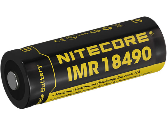 Nitecore NL18490A IMR 18490 1100mAh 3.7V Unprotected High-Drain 11A Lithium Manganese (LiMn2O4) Battery - Flat Top or Button Top - Boxed