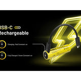 USB-C rechargeable light with charging and fully charged indicators on a black background