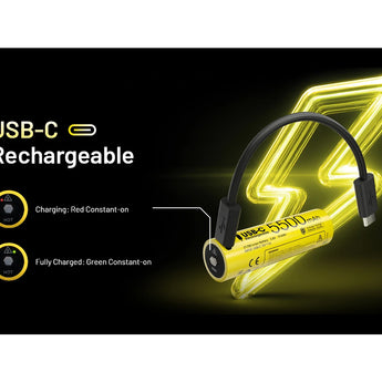 USB-C rechargeable light with charging and fully charged indicators on a black background