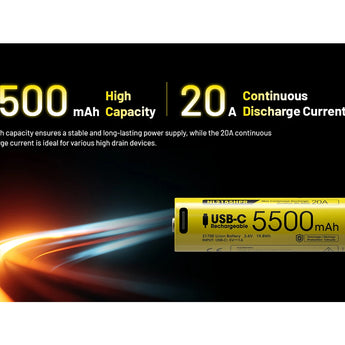 USB-C rechargeable battery with specifications on a dark background