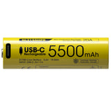 USB-C rechargeable battery with 5500mAh capacity on a white background
