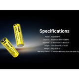 Two yellow batteries with specifications on a dark background