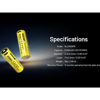 Two yellow batteries with specifications on a dark background
