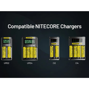 NITECORE battery chargers with compatible battery slots on a black background