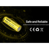 Yellow battery with specifications on a dark background, featuring safety and reliability text.