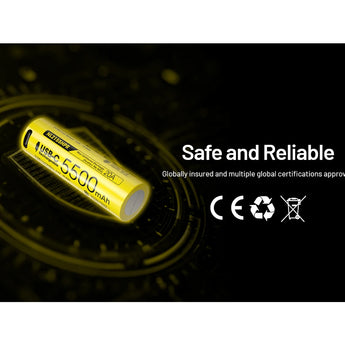 Yellow battery with specifications on a dark background, featuring safety and reliability text.