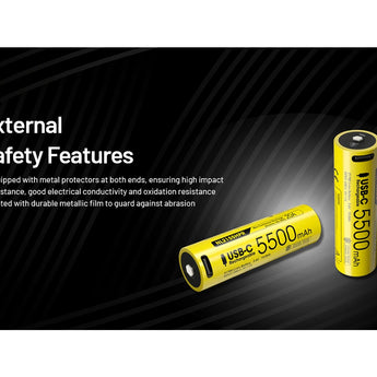 Two yellow batteries with text about external safety features on a black background