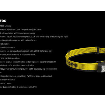 Nitecore NU27 USB-C Rechargeable LED Headlamp - 600 Lumens - MCT UHE - Uses Built-in 850mAh Li-ion Battery Pack - Shadow Black or Alpine White
