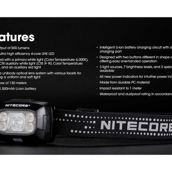 Nitecore NU30 USB-C Rechargeable LED Headlamp - 500 Lumens - Uses Built-in 1500mAh Li-ion Battery Pack