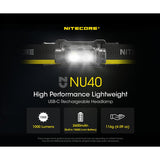 Nitecore NU40 USB-C Rechargeable LED Headlamp - 1000 Lumens - Uses Built-in 2600mAh Li-ion Battery Pack