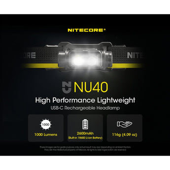 Nitecore NU40 USB-C Rechargeable LED Headlamp - 1000 Lumens - Uses Built-in 2600mAh Li-ion Battery Pack