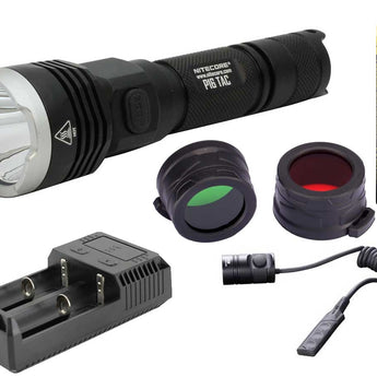 Nitecore P16-TAC Tactical LED Flashlight Hunting Kit with Choice of Gunmount, RSW1 Pressure Switch, Filters and I2 Charger - CREE XM-L2 U3 - 1000 Lumens - Uses 1 x 18650 (included) or 2 x CR123A