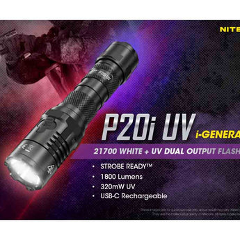 Nitecore P20i UV USB-C Rechargeable LED Flashlight - 1800 Lumens - Luminus SST-40-W - 320mW UV - Includes 1 x 21700 and NTH20 Holster