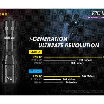 Nitecore P20i UV USB-C Rechargeable LED Flashlight - 1800 Lumens - Luminus SST-40-W - 320mW UV - Includes 1 x 21700 and NTH20 Holster