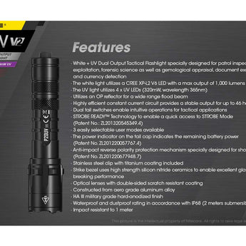 Nitecore P20 UV V2 Dual Output Tactical LED Flashlight - 1000 Lumens - 320mW UV Beam - CREE XP-L2 V6 - Uses 1 x 18650 or 2 x CR123A or 2 x RCR123A
