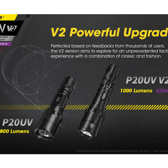 Nitecore P20 UV V2 Dual Output Tactical LED Flashlight - 1000 Lumens - 320mW UV Beam - CREE XP-L2 V6 - Uses 1 x 18650 or 2 x CR123A or 2 x RCR123A