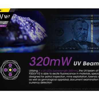 Nitecore P20 UV V2 Dual Output Tactical LED Flashlight - 1000 Lumens - 320mW UV Beam - CREE XP-L2 V6 - Uses 1 x 18650 or 2 x CR123A or 2 x RCR123A