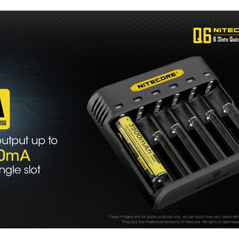 Nitecore Q6 6 Bay Battery Charger for Li-Ion, IMR Batteries - 2A Output - Fits 10440, 14500, 16500, 16340, 17500, 17650, 17670, 18350, 18490, 18500, 18650, 20700, 21700, 22650, 26500, 26650, and more