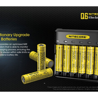 Nitecore Q6 6 Bay Battery Charger for Li-Ion, IMR Batteries - 2A Output - Fits 10440, 14500, 16500, 16340, 17500, 17650, 17670, 18350, 18490, 18500, 18650, 20700, 21700, 22650, 26500, 26650, and more