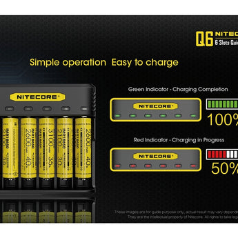 Nitecore Q6 6 Bay Battery Charger for Li-Ion, IMR Batteries - 2A Output - Fits 10440, 14500, 16500, 16340, 17500, 17650, 17670, 18350, 18490, 18500, 18650, 20700, 21700, 22650, 26500, 26650, and more