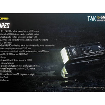 Nitecore T4K USB-C Rechargeable Keychain LED Flashlight - 4 x CREE XP-L2 V6 - 4000 Lumens - Uses 3.7V 1000mAh Battery Pack