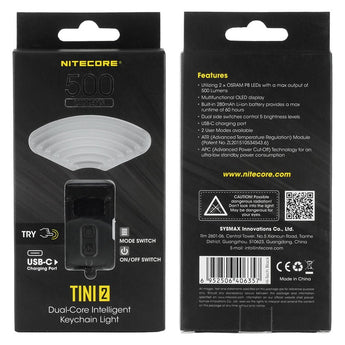 Nitecore TINI-2 Dual-Core USB-C Rechargeable LED Keychain Flashlight - 500 Lumens - 2 x OSRAM P8 - Uses Built-In 280mAh Li-ion Battery Pack - Aluminum Alloy, Stainless Steel, or Titanium - Black or Gray