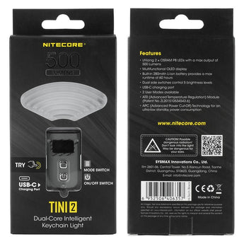 Nitecore TINI-2 Dual-Core USB-C Rechargeable LED Keychain Flashlight - 500 Lumens - 2 x OSRAM P8 - Uses Built-In 280mAh Li-ion Battery Pack - Aluminum Alloy, Stainless Steel, or Titanium - Black or Gray