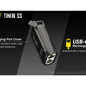 Nitecore TINI-2 Dual-Core USB-C Rechargeable LED Keychain Flashlight - 500 Lumens - 2 x OSRAM P8 - Uses Built-In 280mAh Li-ion Battery Pack - Aluminum Alloy, Stainless Steel, or Titanium - Black or Gray