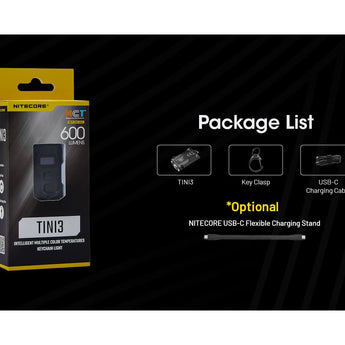 Nitecore TINI 3 USB-C Rechargeable LED Keylight - 600 Lumens - NiteLab MCT UHE - Uses Built-in 330mAh Li-ion Battery Pack - Black, Gray, or Orange