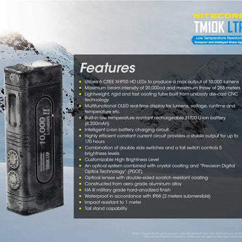 Nitecore TM10K LTP Low Temperature Resistant Tiny Monster Rechargeable LED Flashlight - 6 x CREE XHP35 HD - 10000 Lumens - Includes Built-In 4200mAh 3.7V Li-Ion Battery Pack