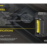 Nitecore V2 Smart Battery Car Charger for Li-Ion, IMR, Ni-MH and Ni-Cd Batteries - Includes DC Cable