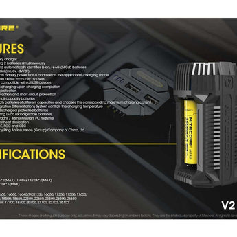 Nitecore V2 Smart Battery Car Charger for Li-Ion, IMR, Ni-MH and Ni-Cd Batteries - Includes DC Cable
