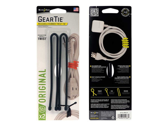 NiteIze Gear Tie Reusable Rubber Twist Tie 12 in. - 2 Pack - Coyote or Black or Bright Orange or Neon Yellow