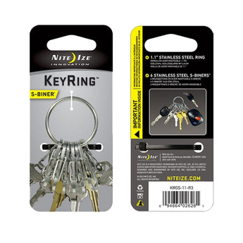 Nite Ize KeyRing Steel - Keychain Ring with 6 x Stainless Steel #0.5 S-Biner Carabiner Clips - Stainless (KRGS-11-R3)