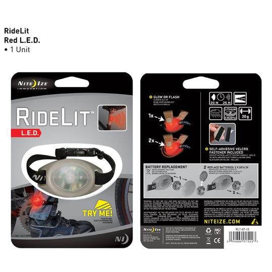 Nite Ize RideLit LED Bike Light with Hook-n-Loop Adhesive and Optional Strap - Red LED - Includes 2 x CR2016s (RLT-07-10)