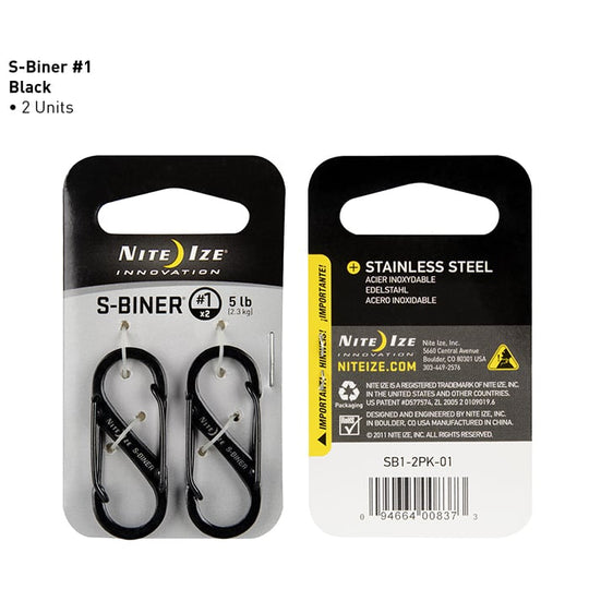Nite Ize S-Biner - Stainless Steel Double-Gated Carabiner Clip - #1 - 2 Pack - Black (SB1-2PK-01-B)