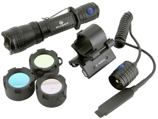 Olight M20S Hunting Set 1 with M20S Warrior - Red Green Blue Filter Kit - X-WM01 Magnetic Weapon Mount - and Three Key Remote Pressure Switch