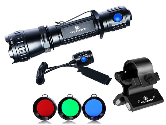 Olight M20S 550 Lumen LED Flashlight Hunting Kit with X-WM02 Magnetic Weapon Mount, RM20 Pressure Switch and Red, Green and Blue Filters