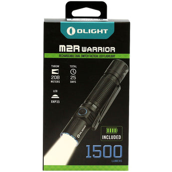 Olight M2R Warrior Rechargeable Pocket-Friendly Tactical Flashlight - CREE XHP35 HD LED - Cool White - 1500 Lumens - Uses 1 x 18650 (Included) or 2 x CR123As