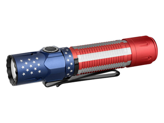 Olight Warrior 3S Rechargeable LED Tactical Flashlight - 2300 Lumens - Includes 1 x 21700 - Stars and Stripes