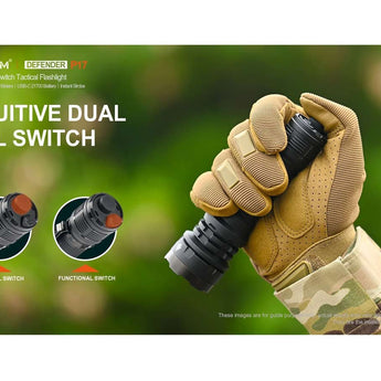 Acebeam Defender P17 Dual-Switch LED Flashlight - 4900 Lumens - CREE XHP70.3 HI - Includes 1 x USB-C Rechargeable 21700 - Black, Grey, OD Green, and Desert Sand