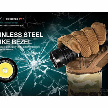 Acebeam Defender P17 Dual-Switch LED Flashlight - 4900 Lumens - CREE XHP70.3 HI - Includes 1 x USB-C Rechargeable 21700 - Black, Grey, OD Green, and Desert Sand