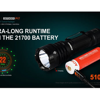 Acebeam Defender P17 Dual-Switch LED Flashlight - 4900 Lumens - CREE XHP70.3 HI - Includes 1 x USB-C Rechargeable 21700 - Black, Grey, OD Green, and Desert Sand
