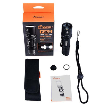 Fitorch P30Z Adjustable Beam LED Flashlight - CREE XP-L - 750 Lumens - Uses 1 x 18650 (included) or 2 x CR123A