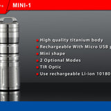 JETBeam Mini-1 Ti USB Rechargeable Titanium Keylight - CREE XP-G2 LED - 130 Lumens - Includes 1 x 10180