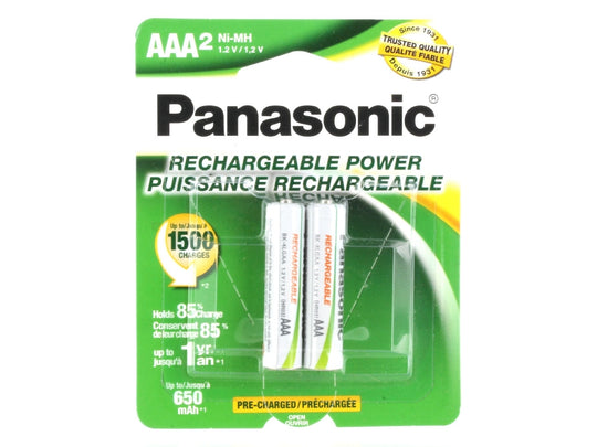 Panasonic Rechargeable BK-4LGAA-2BA AAA 650mAh 1.2V Nickel Metal Hydride (NiMH) Button Top Batteries - 2 Pack Retail Card