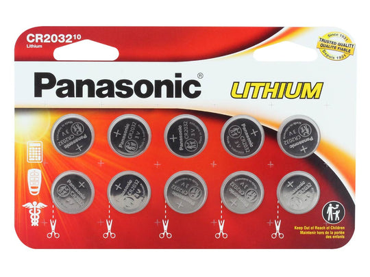 Panasonic CR2032 220mAh 3V Lithium (LiMnO2) Coin Cell Battery - 10 Piece Wide Size Carded Packaging