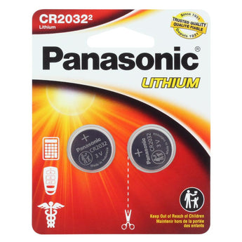 Panasonic CR2032 220mAh 3V Lithium (LiMnO2) Coin Cell Battery - 2 Piece Standard Size Carded Packaging
