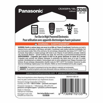 Panasonic CR2450 620mAh 3V Lithium Primary (LiMnO2) Coin Cell Watch Battery - 1 Piece Carded Packaging