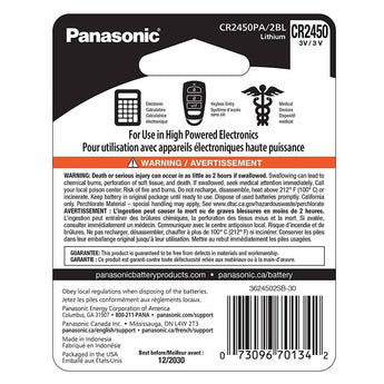 Panasonic CR2450 620mAh 3V Lithium Primary (LiMnO2) Coin Cell Watch Battery - 2 Piece Carded Packaging